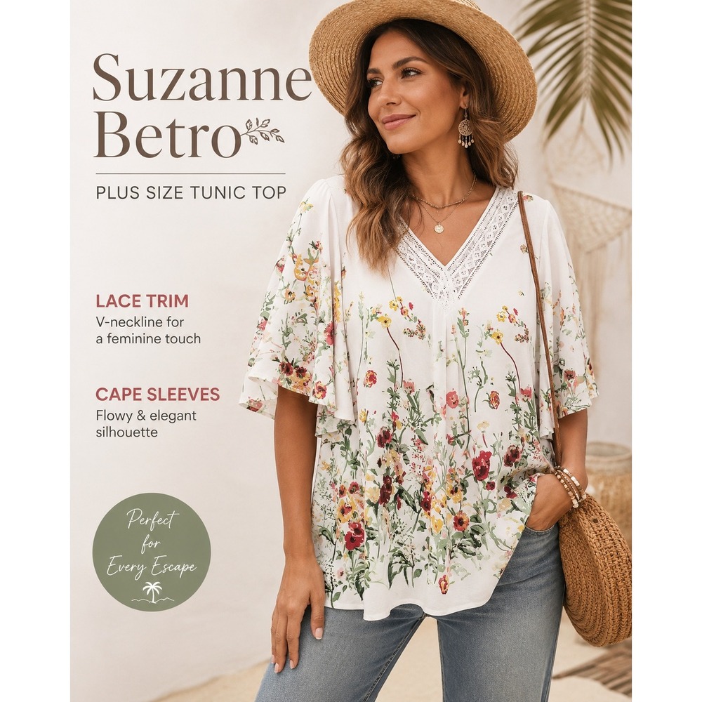 NEW Suzanne‎ Betro Plus Size 4X White Floral Lace Trim V Neck Tunic Top